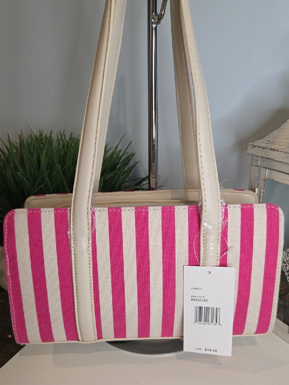 SOLD***Betsey Johnson Pink & Cream Striped Shoulder Bag - Picture 3 of 4
